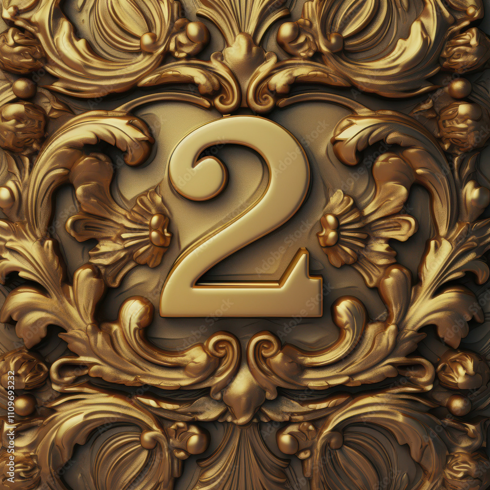 Golden number two in 3d metal surrounded by a beautiful ornate filigree and flowers patterned frame on a dark background Golden number two in 3d metal surrounded by a beautiful ornate filigree and flowers patterned frame on a dark background