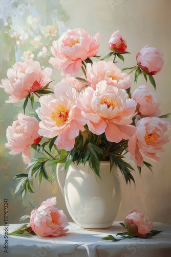 Delicate Pink Peonies in Elegant White Vase Against Soft Neutral Background, Perfect for Celebrating Beauty and Freshness in Floral Arrangements