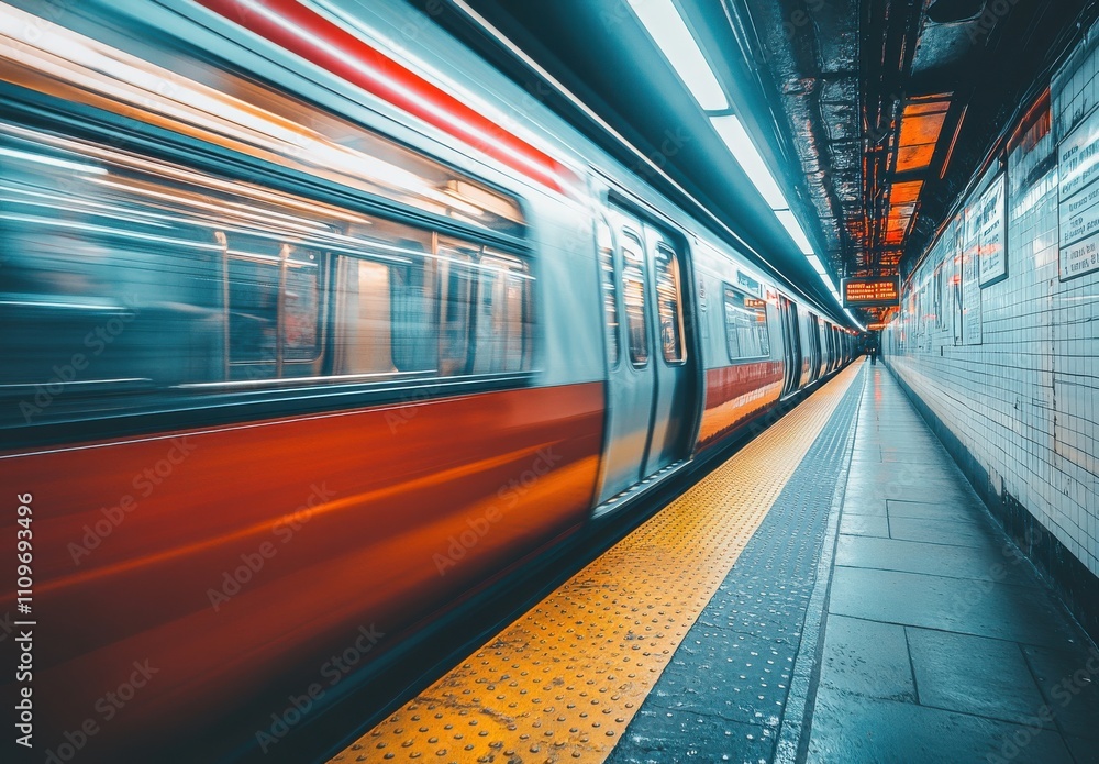 Dynamic Motion of Subway Train in Urban Environment Captured in Long Exposure, Showcasing Busy Commuter Life and Modern Transportation Infrastructure Dynamic Motion of Subway Train in Urban Environment Captured in Long Exposure, Showcasing Busy Commuter Life and Modern Transportation Infrastructure