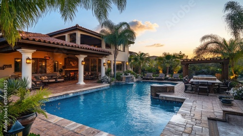 Wallpaper Mural Luxurious house with swimming pool and patio at sunset. Torontodigital.ca