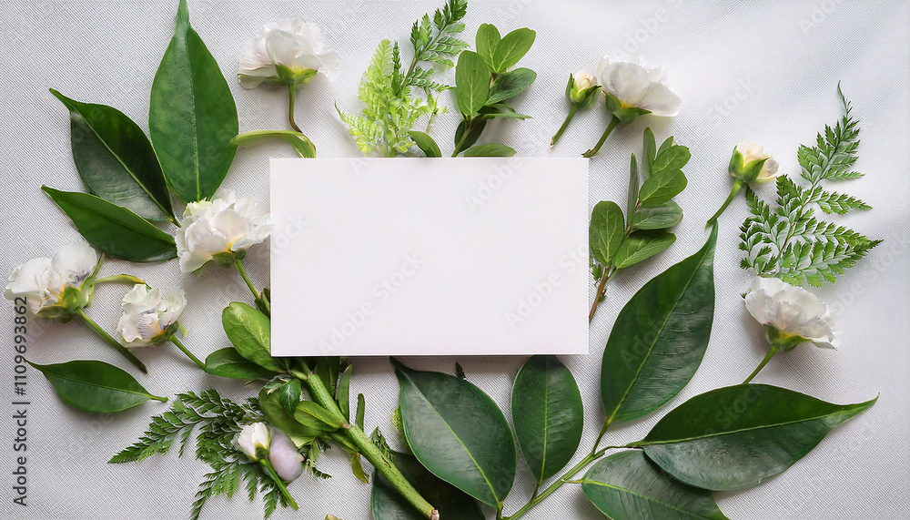 Business card mock up arranged with natural leaves and flowers for an elegant presentation in a calm setting Business card mock up arranged with natural leaves and flowers for an elegant presentation in a calm setting