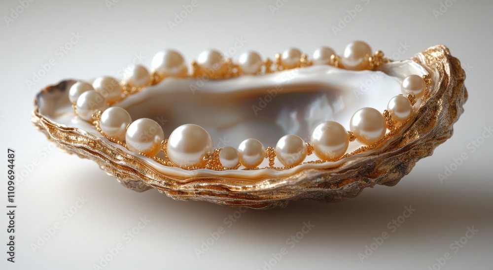 Close-up of luxurious pearls inside an oyster on a white background Close-up of luxurious pearls inside an oyster on a white background