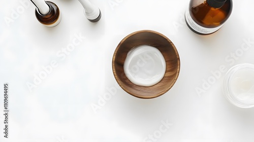 Realistic display of hyaluronic acid serum being mixed with other skincare ingredients in a small dish on a white background