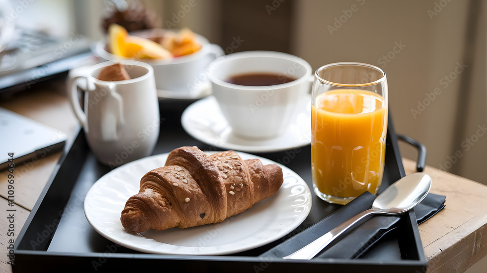 Morning breakfast tray with croissant and orange juice. Morning breakfast tray with croissant and orange juice.