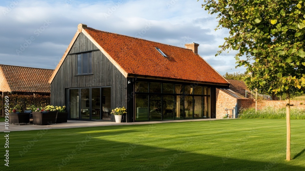 Modern barn conversion with large glass windows, patio, and green lawn. Modern barn conversion with large glass windows, patio, and green lawn.
