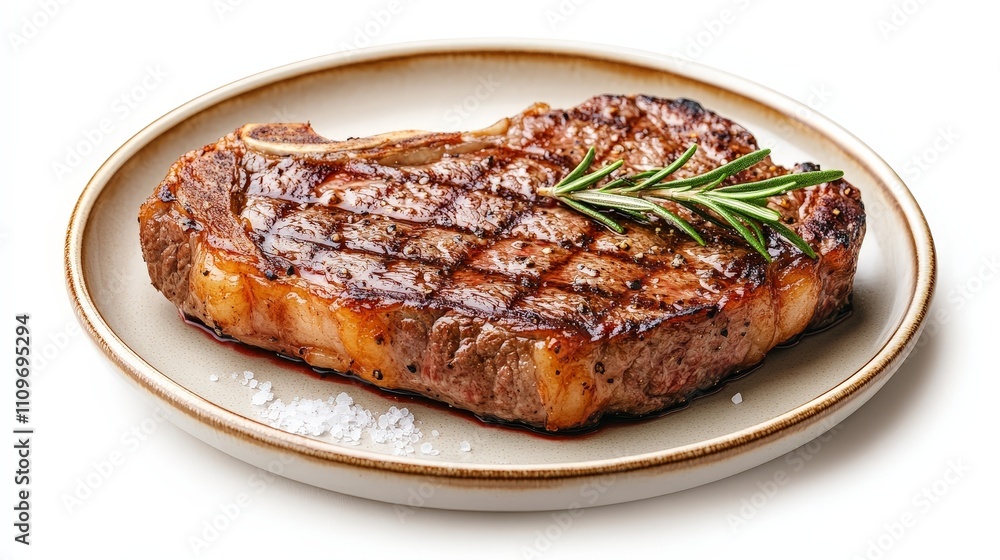 A grilled steak on a plate garnished with rosemary and sea salt. A grilled steak on a plate garnished with rosemary and sea salt.