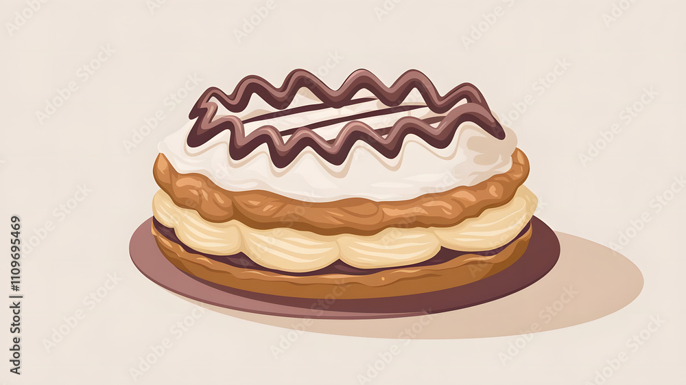 Illustrate a classic Napoleon pastry with layers of crisp puff pastry and creamy custard. The top is decorated with a zigzag pattern of icing and chocolate. Illustrate a classic Napoleon pastry with layers of crisp puff pastry and creamy custard. The top is decorated with a zigzag pattern of icing and chocolate.
