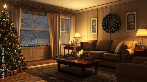 Cozy Christmas Living Room Festive Decor Snow Scene Warm Lighting