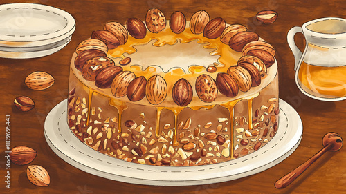 Illustrate a rich nut cake packed with a variety of nuts like almonds, walnuts, and hazelnuts. The top should feature a drizzle of honey and a sprinkle of crushed nuts. photo