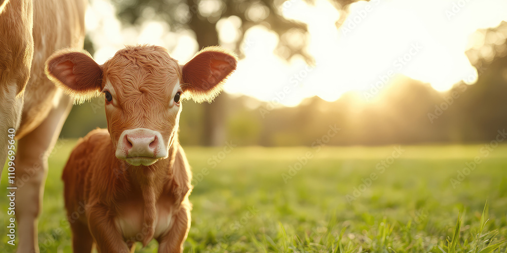 Cow and small calf in a sunny green pasture, natural background, cattle breeding, farming Cow and small calf in a sunny green pasture, natural background, cattle breeding, farming