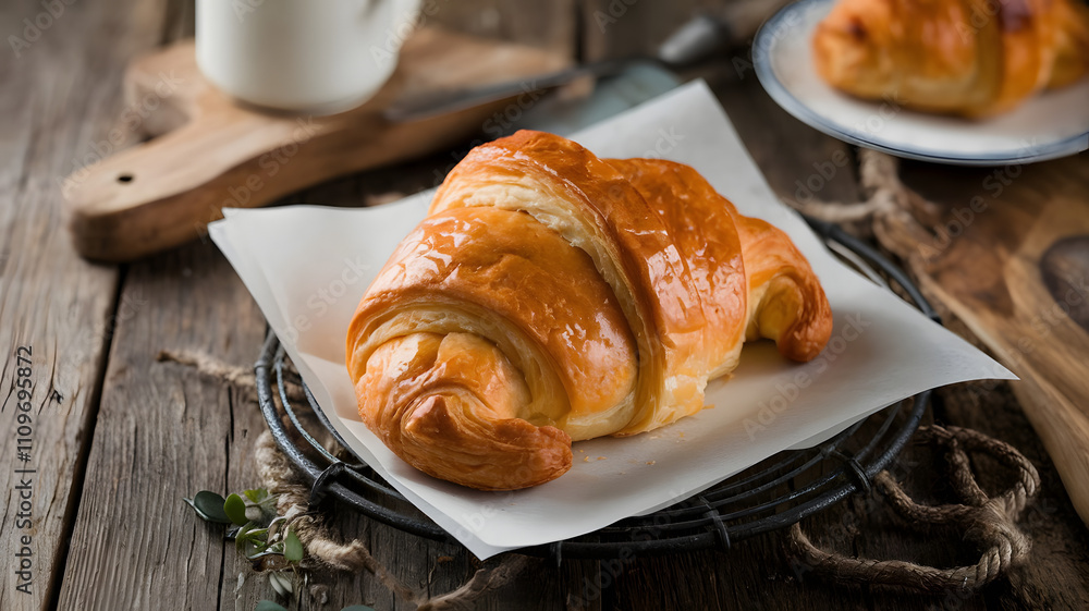 Golden-brown croissant on a rustic wooden table. Golden-brown croissant on a rustic wooden table.