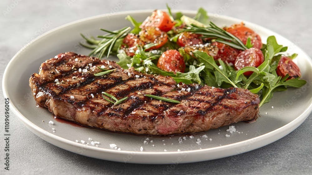 A grilled steak served with a fresh salad on a plate, showcasing a delicious meal. A grilled steak served with a fresh salad on a plate, showcasing a delicious meal.