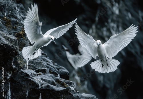 Majestic White Birds in Flight Over Rugged Rocks Near the Ocean, Showcasing Graceful Wings and Serene Natural Habitat in a Captivating Coastal Scene photo