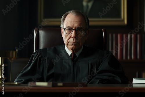 American judge posing in court hall