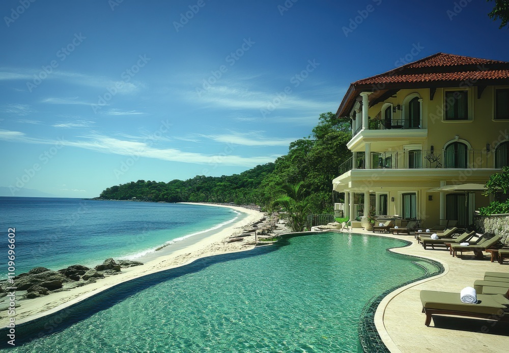 Fototapeta premium Serene coastal villa with infinity pool overlooking tranquil beach and clear blue waters, surrounded by lush greenery and stunning tropical landscape