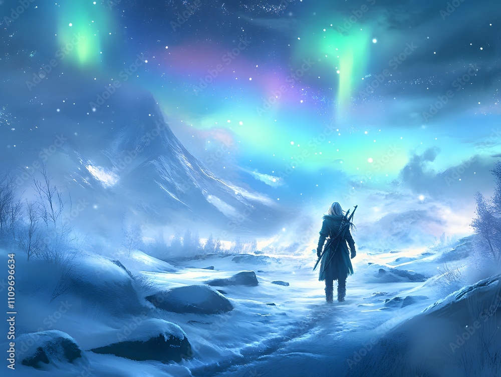 A beautiful frost elf walking through a snowy landscape A beautiful frost elf walking through a snowy landscape