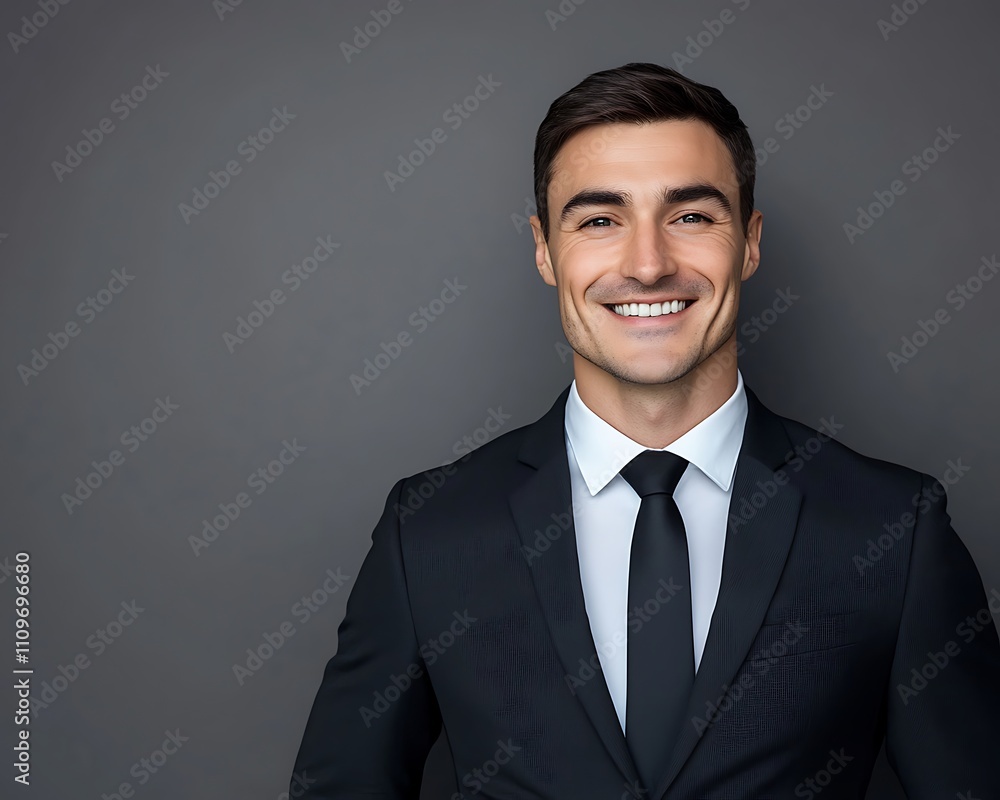 Businessman in formal attire, smiling, against a grey background with space for text or design. 32k, full ultra hd, high resolution Businessman in formal attire, smiling, against a grey background with space for text or design. 32k, full ultra hd, high resolution
