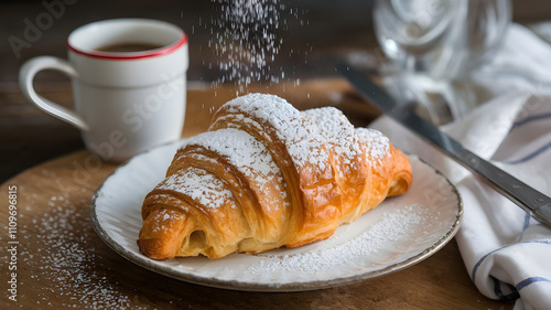 Croissant with powdered sugar sprinkled lightly. photo