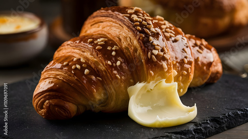 Croissant with a pat of melting butter. photo