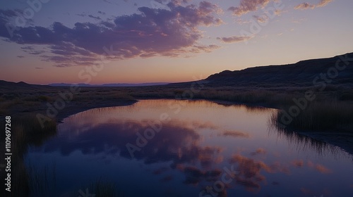 Tranquil Evening Landscape with Colorful Reflections in Calm Water Surrounded by Rolling Hills and Vibrant Clouds at Dusk