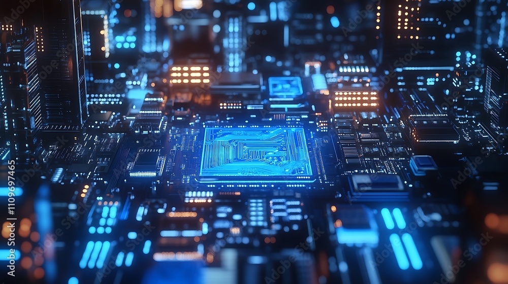 Computer monitor with glowing blue circuit board image Computer monitor with glowing blue circuit board image