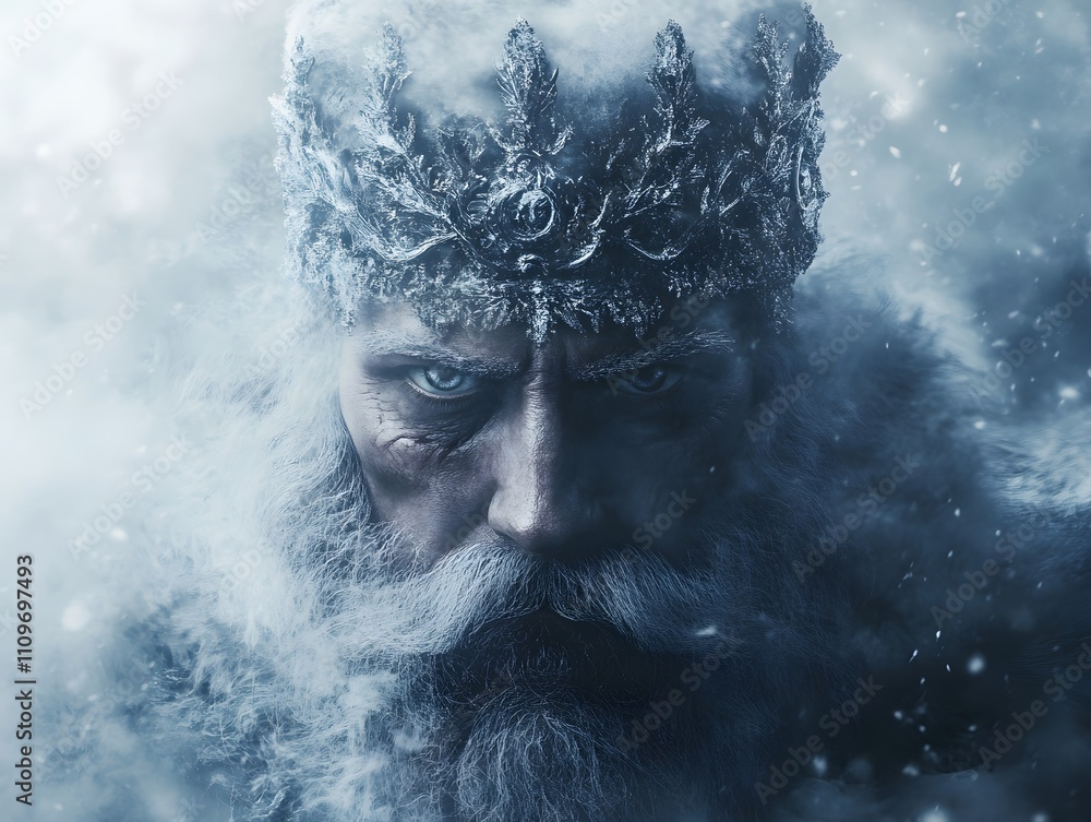A charismatic winter king wearing a crown of ice A charismatic winter king wearing a crown of ice