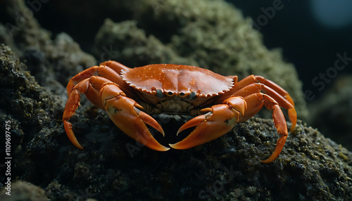 Bright orange crab resting on a dark, natural background.