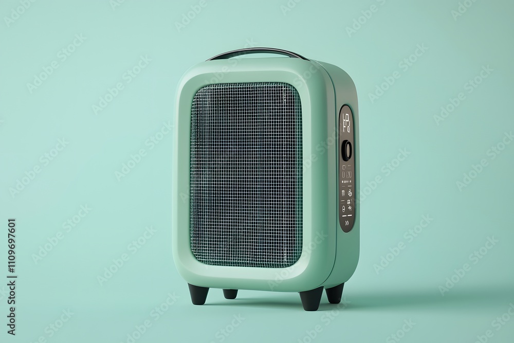 Realistic green portable heater with digital controls on a pale blue background Realistic green portable heater with digital controls on a pale blue background