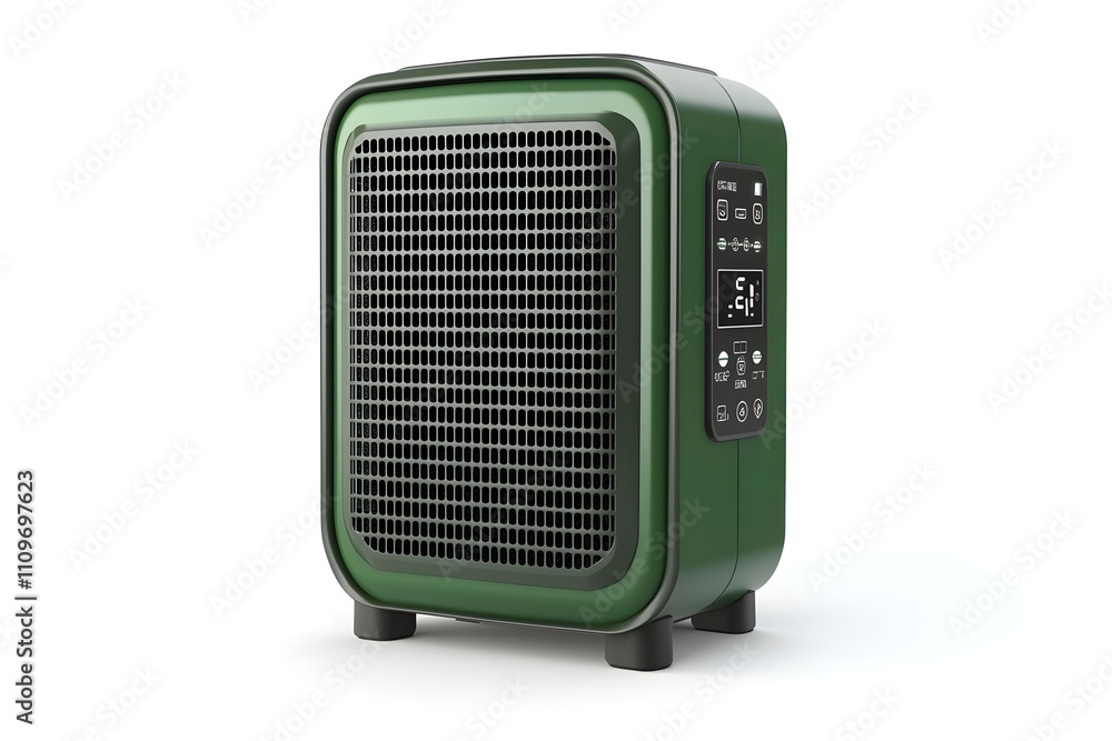 Realistic green portable heater with digital controls on clean white background Realistic green portable heater with digital controls on clean white background