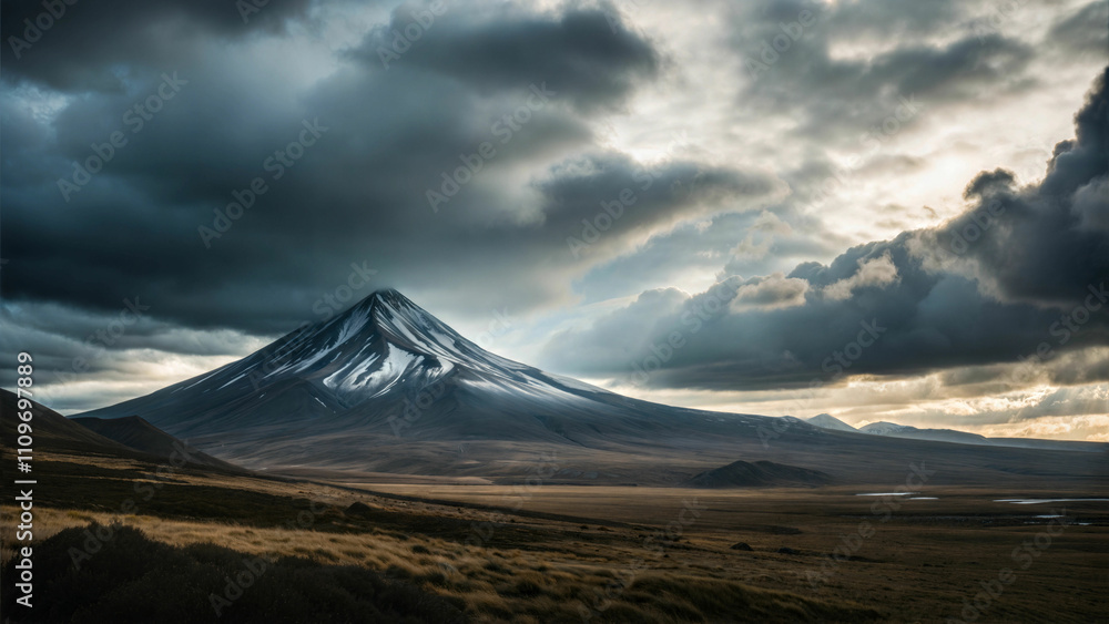 Fototapeta premium Majestic snow-capped mountain under dramatic stormy sky, moody landscape with golden sunrays