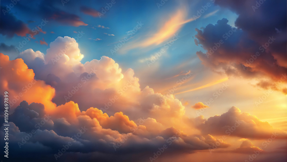 Dramatic sunset cloudscape in orange and blue, ethereal sky scenery with golden light rays Dramatic sunset cloudscape in orange and blue, ethereal sky scenery with golden light rays