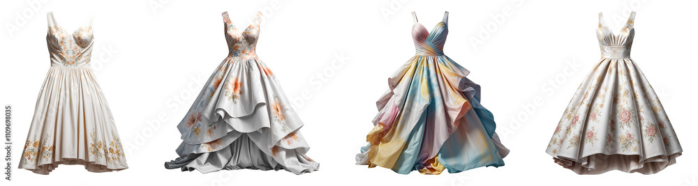 Set of various women's evening dresses isolated on transparent background. Set of various women's evening dresses isolated on transparent background.