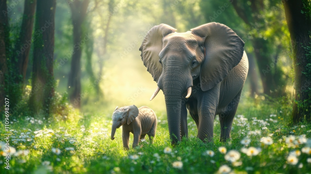 Obraz premium Majestic Mother Elephant and Her Playful Calf Stroll Gracefully Through a Vibrant Savanna