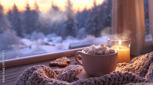 Winter Comfort: Steaming Cocoa, Gingerbread, and Snowy Landscape photo