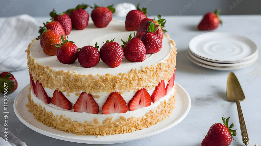 Create an airy strawberry cake decorated with layers of whipped cream and fresh strawberries. The sides are coated with crushed biscuit crumbs for texture. Create an airy strawberry cake decorated with layers of whipped cream and fresh strawberries. The sides are coated with crushed biscuit crumbs for texture.