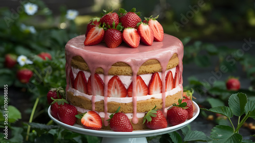 Create a towering strawberry cake, layered with fresh strawberries, strawberry-flavored cream, and a shiny strawberry glaze on top, surrounded by whole strawberries. photo