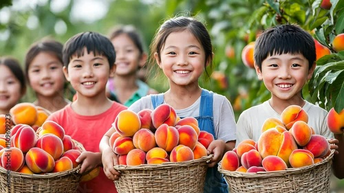 Happy Children Harvesting Peaches in Orchard