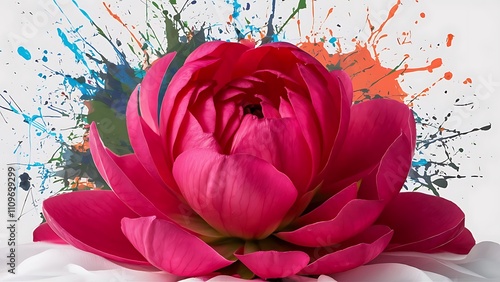 Close up view of pink flower and paint splash isolated on white