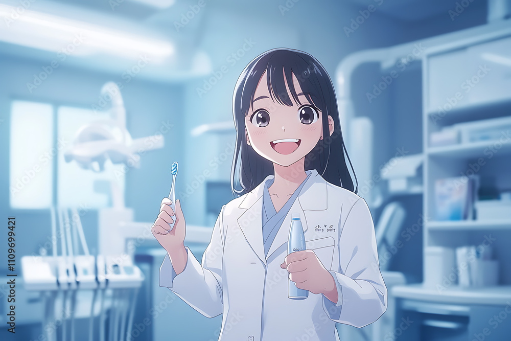 A professional and friendly dentist is standing in a modern, clean clinic, smiling warmly. They are holding a toothbrush in one hand and toothpaste in the other A professional and friendly dentist is standing in a modern, clean clinic, smiling warmly. They are holding a toothbrush in one hand and toothpaste in the other