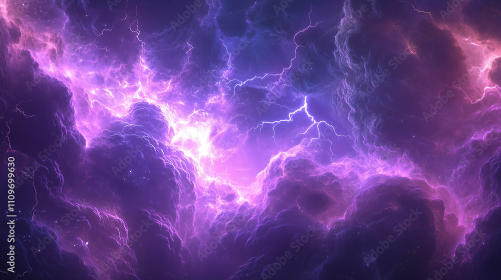Intense lightning storm with vibrant purple clouds in a dark sky Intense lightning storm with vibrant purple clouds in a dark sky