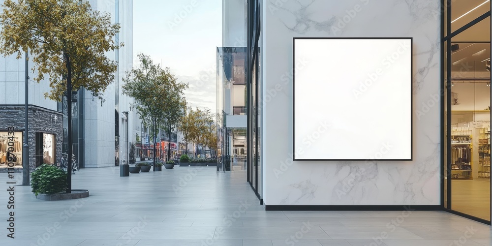An elegant advertisement frame outside a modern shop window captures attention. The minimalist design with white stone walls and smooth floors creates a refined, inviting contemporary feel An elegant advertisement frame outside a modern shop window captures attention. The minimalist design with white stone walls and smooth floors creates a refined, inviting contemporary feel