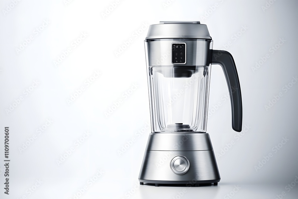 Realistic silver blender with LED display on a clean white background,Sleek kitchen appliance image with space for text. Realistic silver blender with LED display on a clean white background,Sleek kitchen appliance image with space for text.