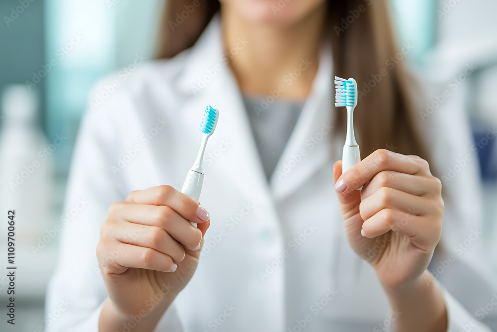 A professional and friendly dentist stands in a modern clean clinic, smiling warmly. They hold a toothbrush in one hand and toothpaste in the other, dressed in a clean white coat that accentuates thei A professional and friendly dentist stands in a modern clean clinic, smiling warmly. They hold a toothbrush in one hand and toothpaste in the other, dressed in a clean white coat that accentuates thei