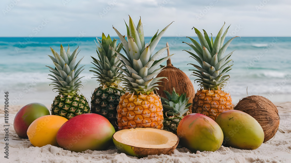 A tropical assortment of pineapples, mangoes, and coconuts on the beach. A tropical assortment of pineapples, mangoes, and coconuts on the beach.