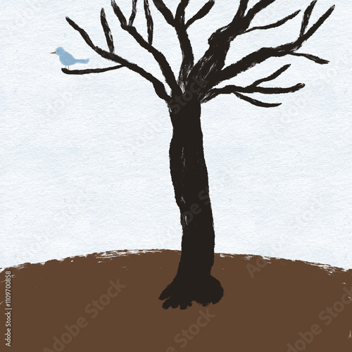 Blue Bird Tree Winter Scene Illustration 