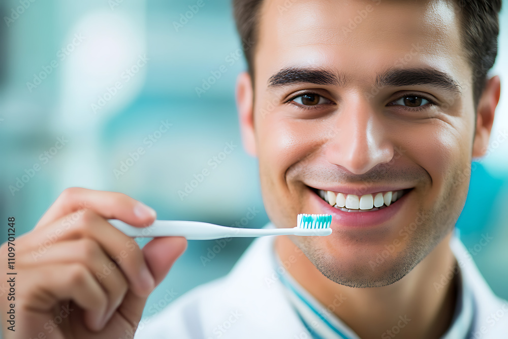 A professional and friendly dentist stands in a modern clean clinic, smiling warmly. They hold a toothbrush in one hand and toothpaste in the other, dressed in a clean white coat that accentuates thei A professional and friendly dentist stands in a modern clean clinic, smiling warmly. They hold a toothbrush in one hand and toothpaste in the other, dressed in a clean white coat that accentuates thei