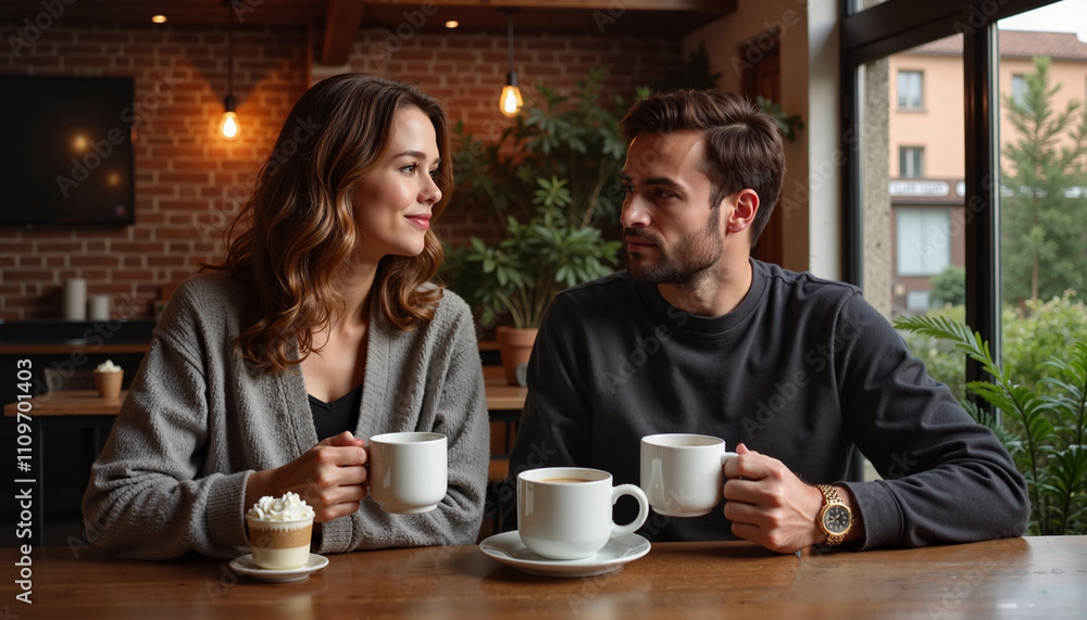 Couple enjoying coffee together in a cozy café, sharing smiles and warm moments Couple enjoying coffee together in a cozy café, sharing smiles and warm moments