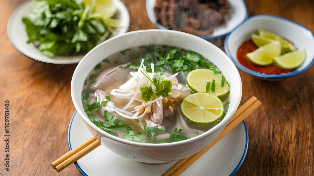 A steaming bowl of Vietnamese pho with fresh herbs and lime slices. A steaming bowl of Vietnamese pho with fresh herbs and lime slices.