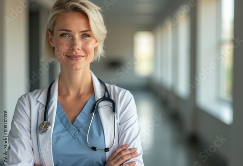 A confident female doctor stands in a well-lit hospital corridor, her arms crossed and a warm smile illuminating her face. Dressed in scrubs and a white coat, she embodies professionalism and Free Download A confident female doctor stands in a well-lit hospital corridor, her arms crossed and a warm smile illuminating her face. Dressed in scrubs and a white coat, she embodies professionalism and - GFXLoad