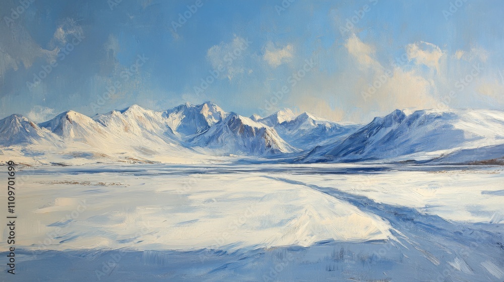 Fototapeta premium A Snowy Mountain Range With a Path Leading to the Horizon